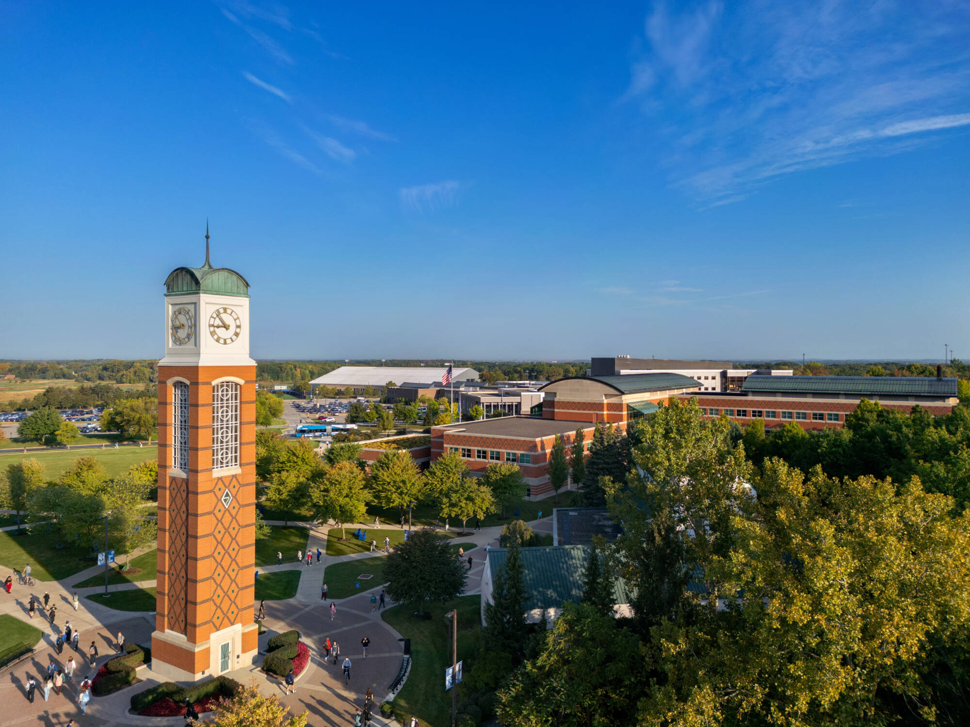 Allendale Campus in the summer sun. The Cook Carillon Tower is prominent.
